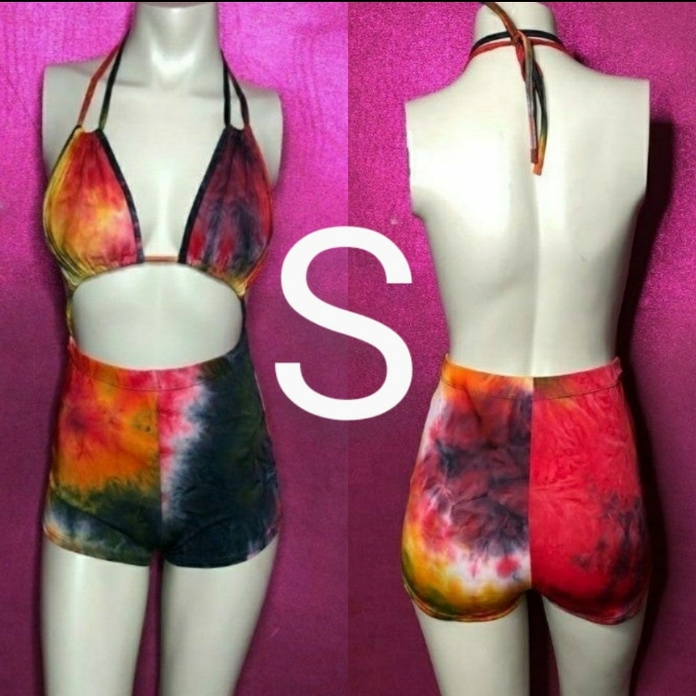 🆕Burgundy & Navy Blue Multi Color Tie Dye One Piece Exotic Wear Romper   Size S